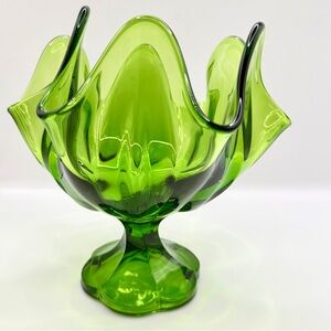 Vtg L.E. Smith Emerald Green 6-Petal Swung Glass Compote Pedestal‎ Bowl MCM